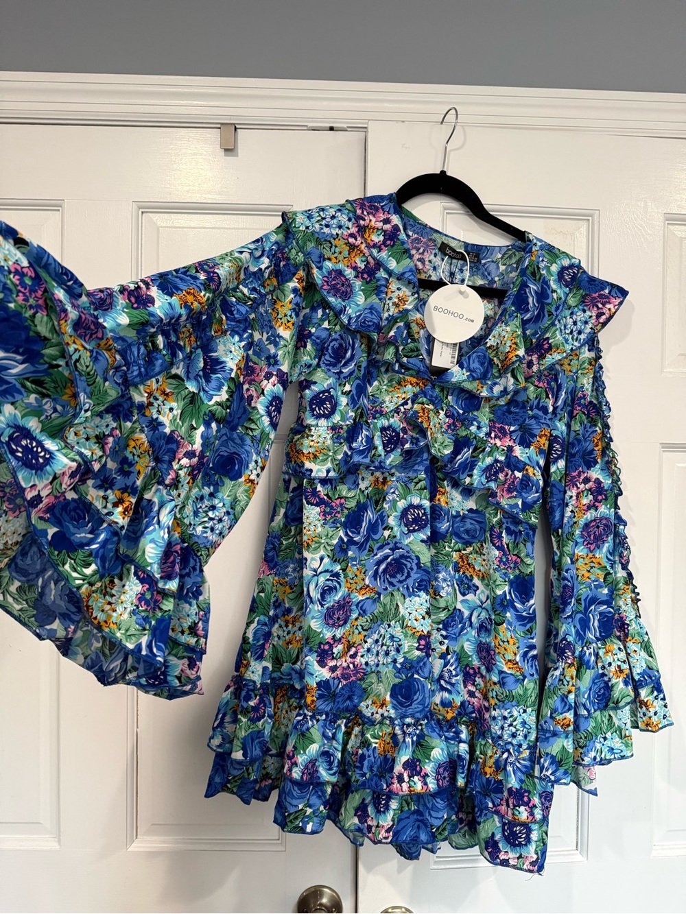 Blue Floral Bell-Sleeve Mini Dress